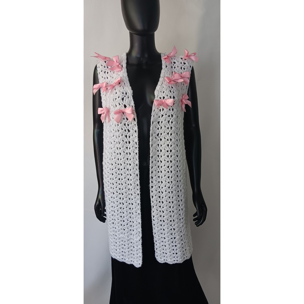 Handmade White Crochet Vest Sweater Longline Pink Bow Coquette Medium KS0296